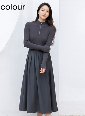 oldcolour冬季新品赫本风收腰显瘦针织长袖连衣裙女BQ411001A1