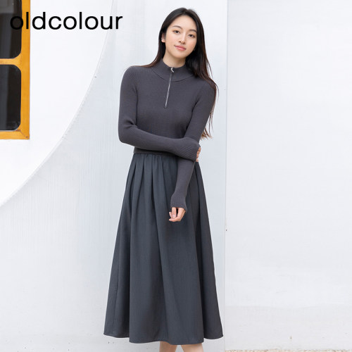 oldcolour冬季新品赫本风收腰显瘦针织长袖连衣裙女BQ411001A1