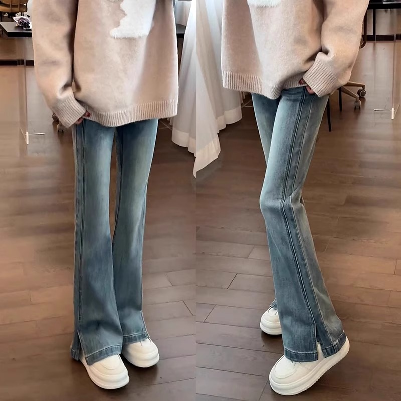 浅色侧开叉微喇牛仔裤女薄款2025年新款夏季不贴腿高腰马蹄喇叭裤