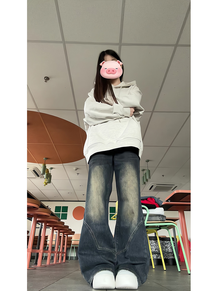大码胖mm秋装搭配一整套美式复古直筒牛仔裤女秋季百搭拖地阔腿裤