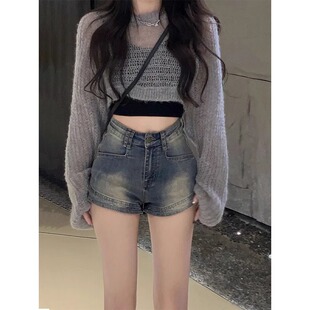 热裤 高腰紧身千禧辣妹牛仔短裤 小个子显瘦A字包臀大码 薄款 女夏季