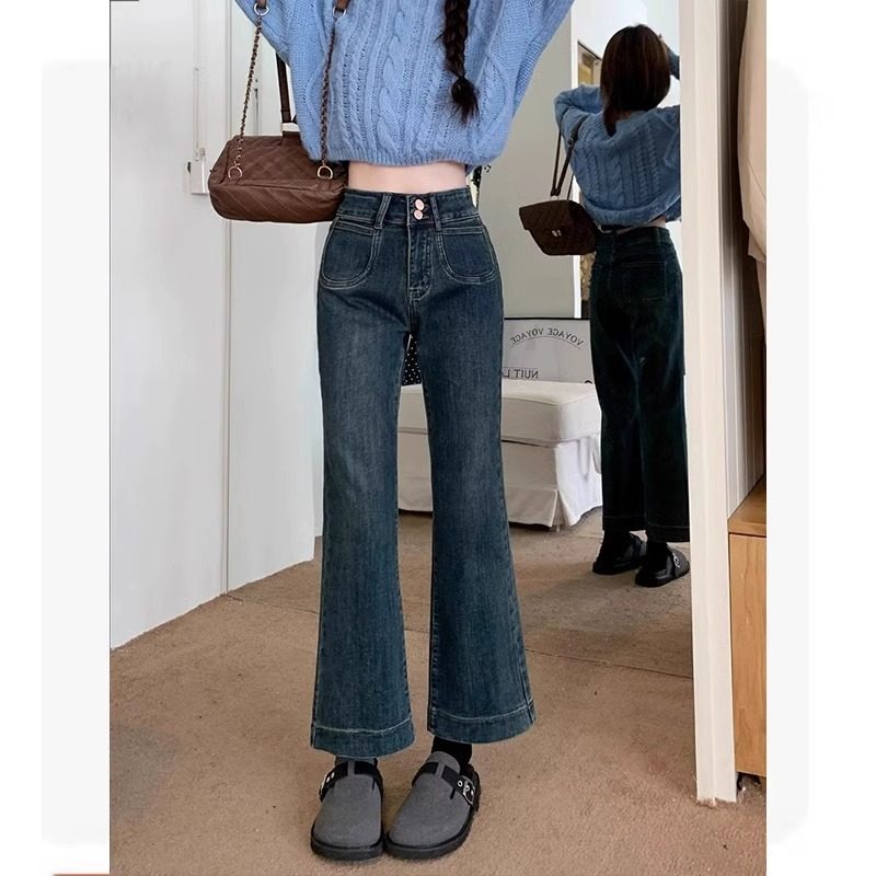 春秋季阔腿长裤2025年新款蓝色牛仔裤设计感微喇叭裤女士直筒裤子
