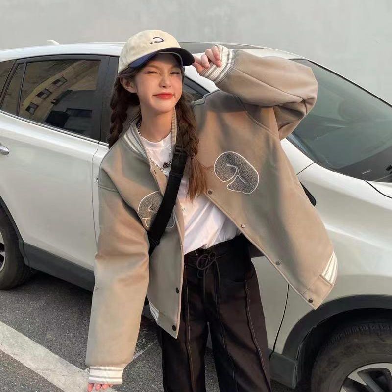 秋冬加绒chic休闲刺绣棒球服外套男女韩版宽松设计感夹克百搭ins