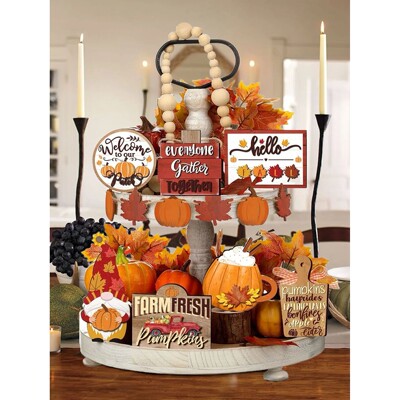 Fall Harvest Wooden Tiered Tray Decor Set -  Farmhouse Autum