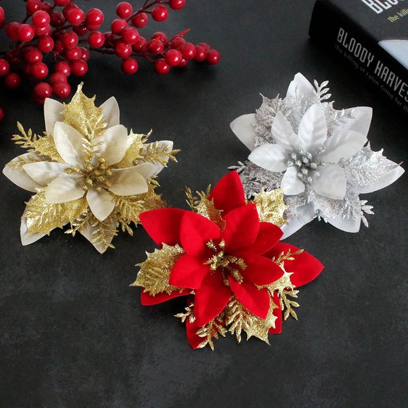 5pcs 13cm Glitter Artificial Christmas Flowers Xmas Tree Orn