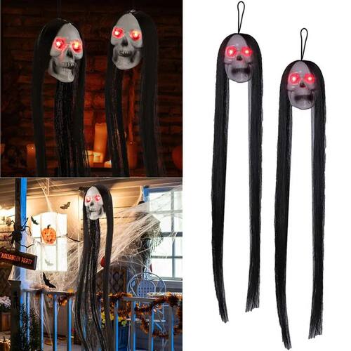 2PCS Halloween Horror Skull Hanging Decoration Long Hair Lig