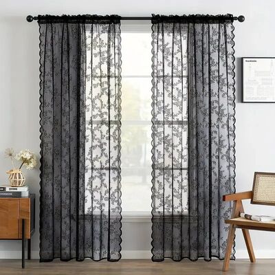 1pc Vintage Floral Embroidery Clear Black Lace Curtain Panel