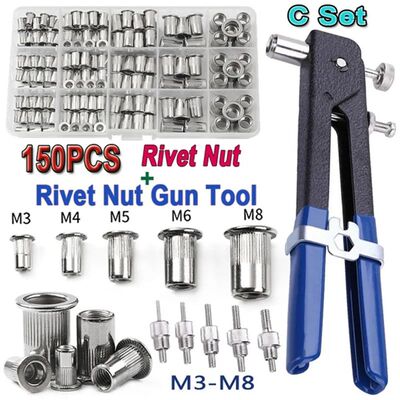 150PCS Rivet Nuts Plier Mandrel Kit M3/M4/M5/M6/M8 Nut Rivet