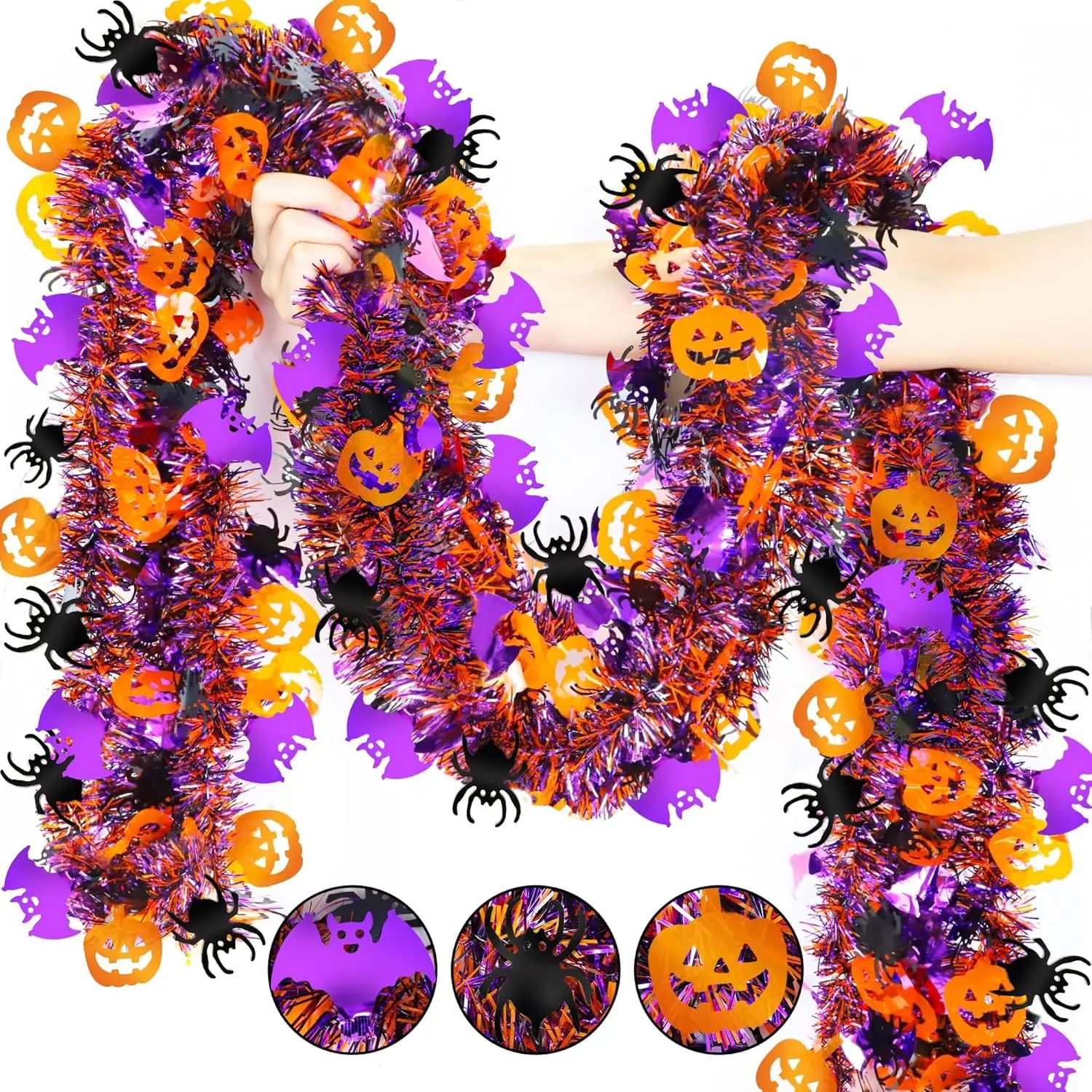 2m Halloween Tel Garland with Pumpkin Spider Bat Shiny Metal