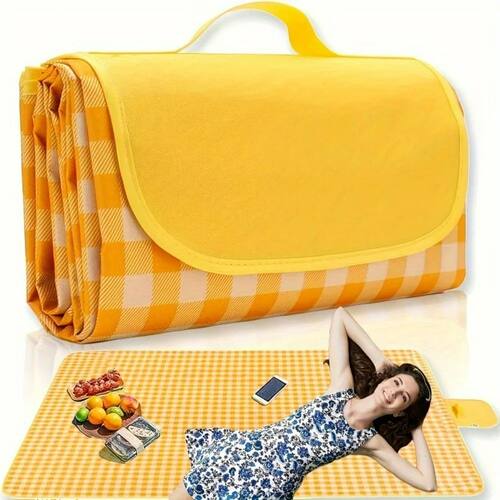 1pc Sand Protection Picnic Blanket Yellow and White Checkere