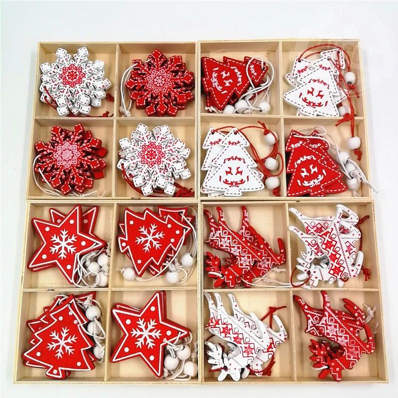12-Piece Wooden Christmas Decorations Set - Pure Wood Pendan
