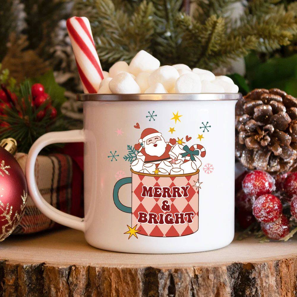 Merry & Bright Christmas Print Enamel Mug Xmas Coffee Mugs C