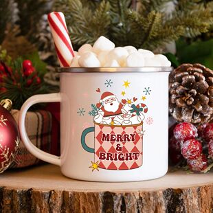 Merry Bright Enamel Christmas Mug Print Coffee Mugs Xmas