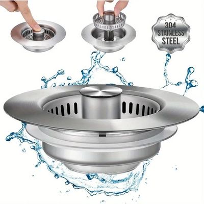 3-in-1 Stainless Steel Kitchen Sink Strainer - Pop-Up Stoppe
