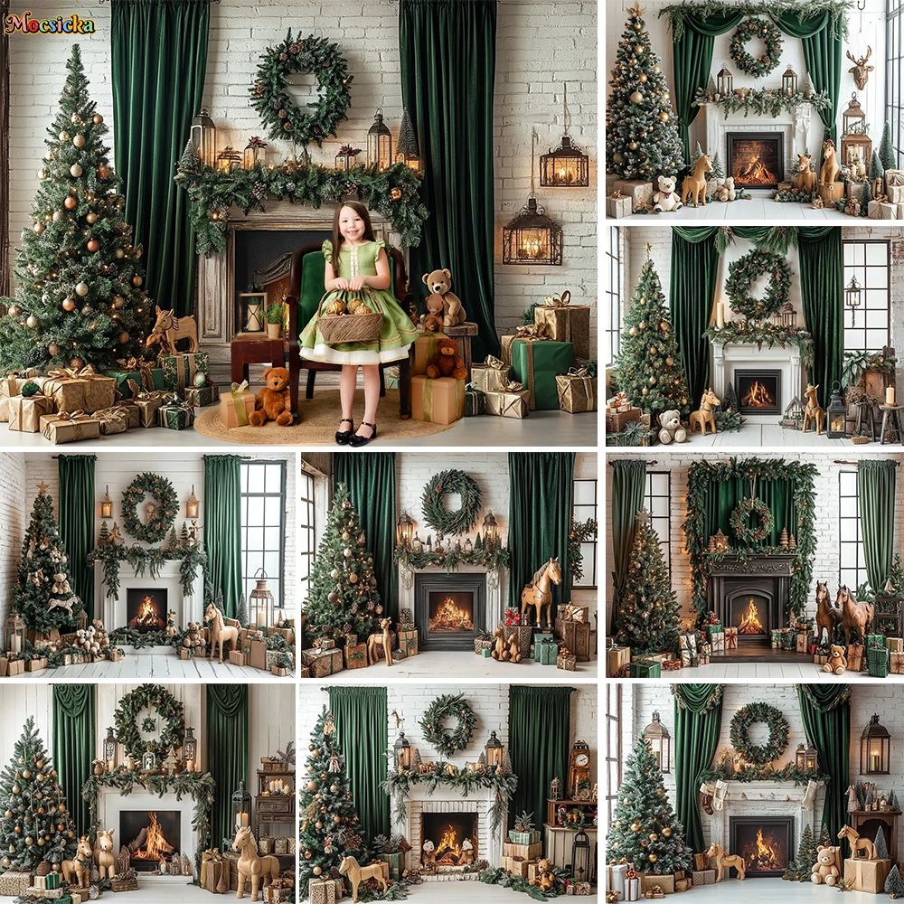 Vintage Christmas Fireplace Background Photography Green Cur