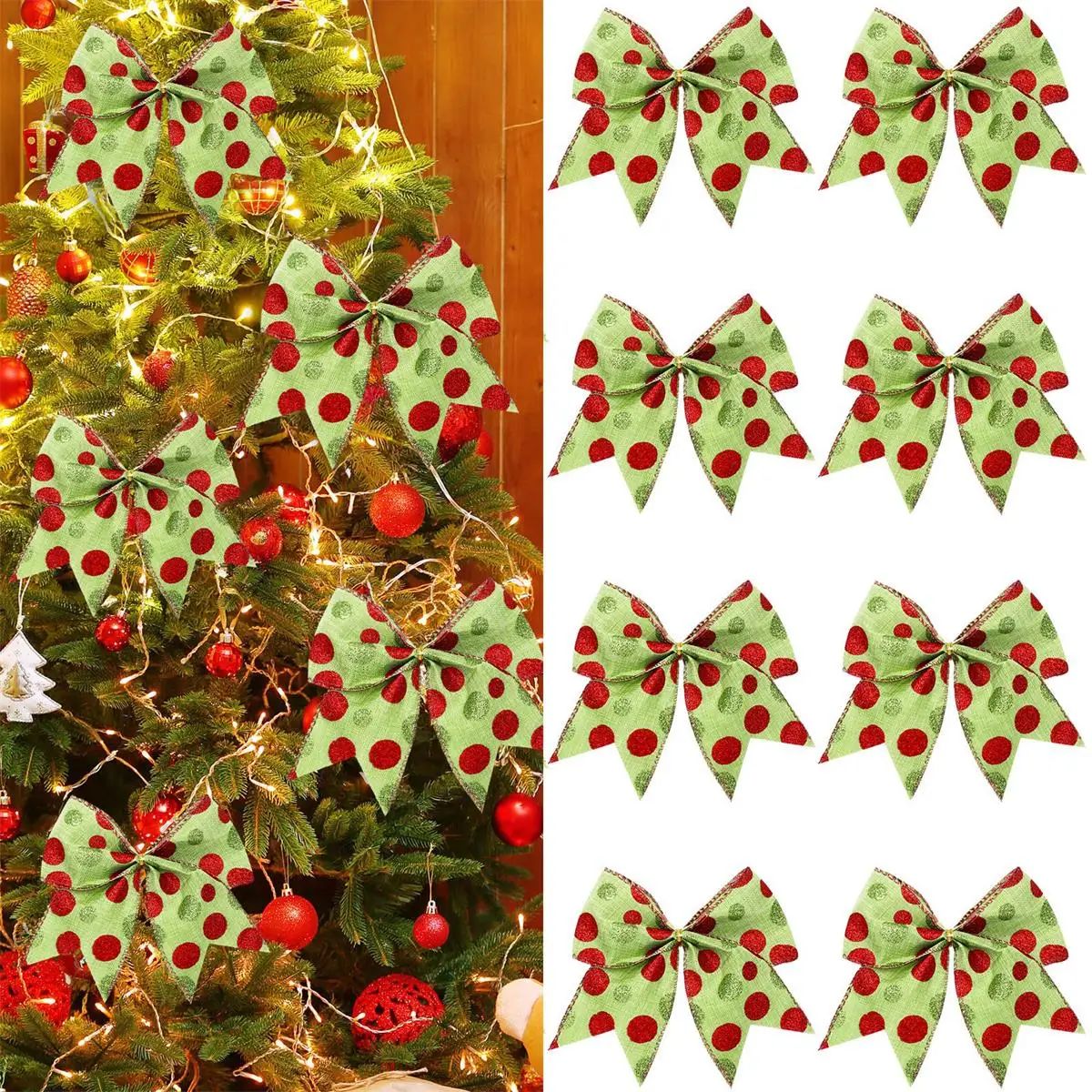 8PCS Red and Green Christmas Polka Dot Bow Decoration Christ