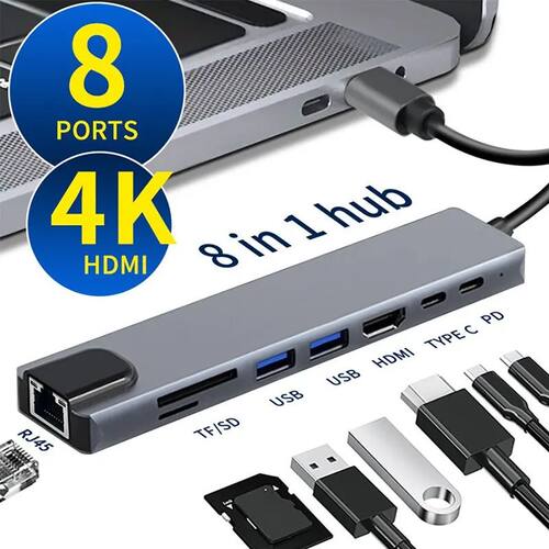 USB C Hub 8 In 1 Type C 3.1 To 4K HDMI Adapter with RJ45 SD/