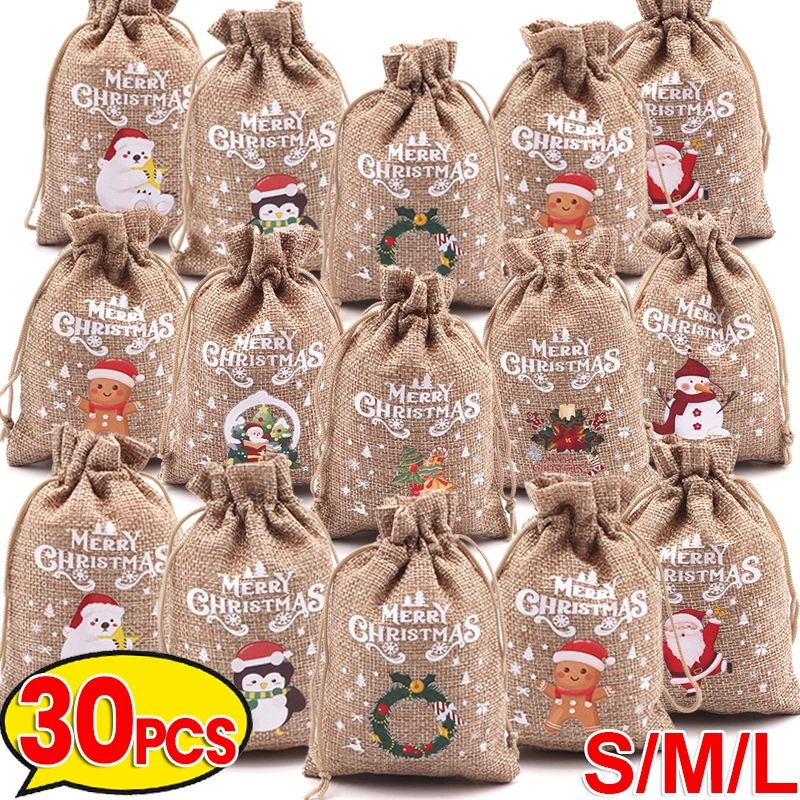 1/30PCS Christmas Linen Drawstring Bags Candy Biscuits Pouch