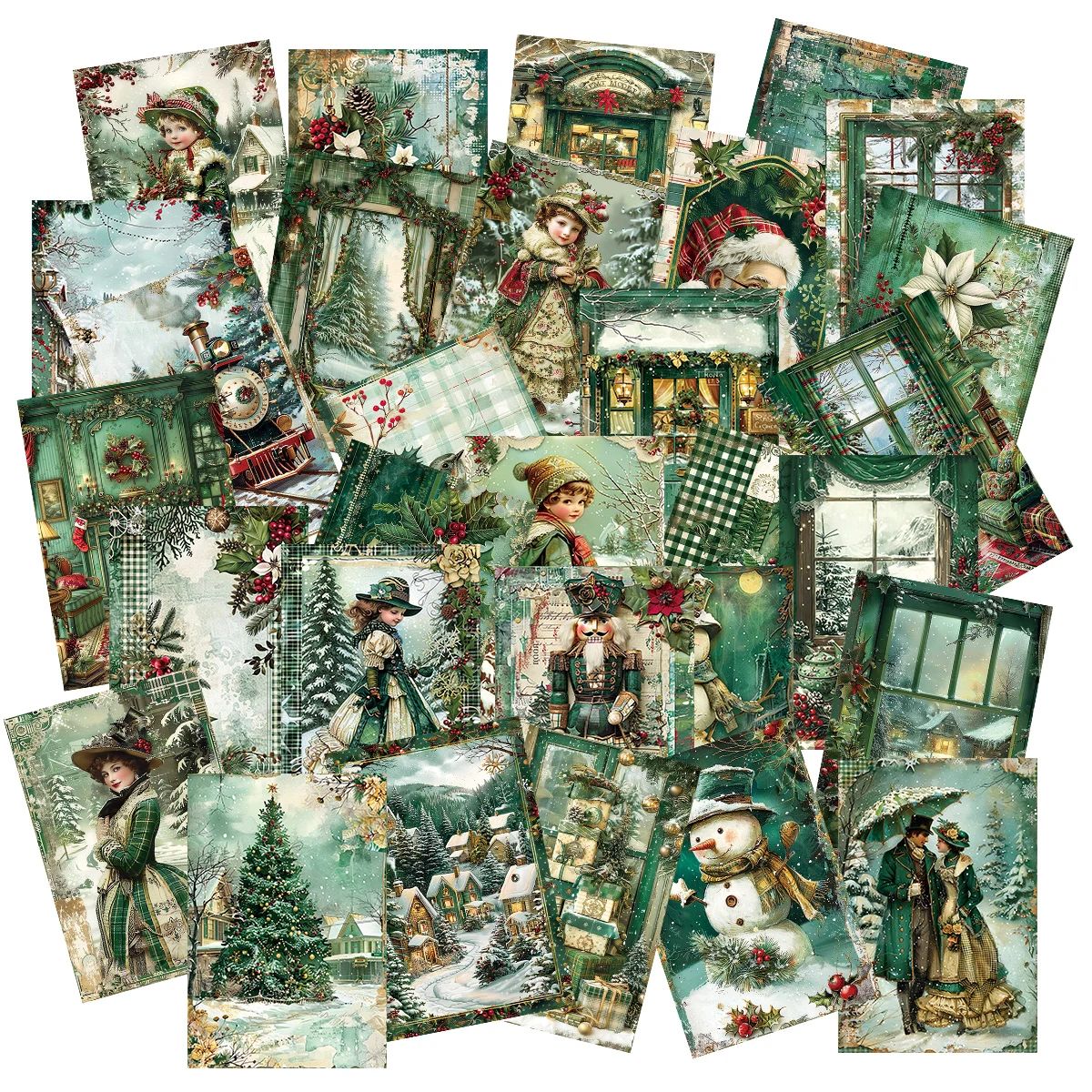 30pcs Vintage Christmas Green Cards-Villages Design,Room Chr