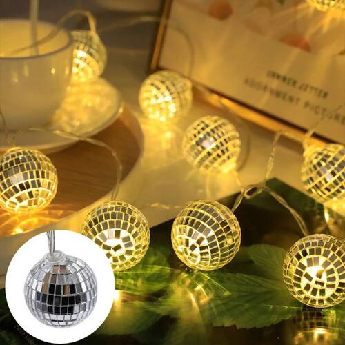LED Mirror Ball String Lights - Battery-Powered, for Bar Par