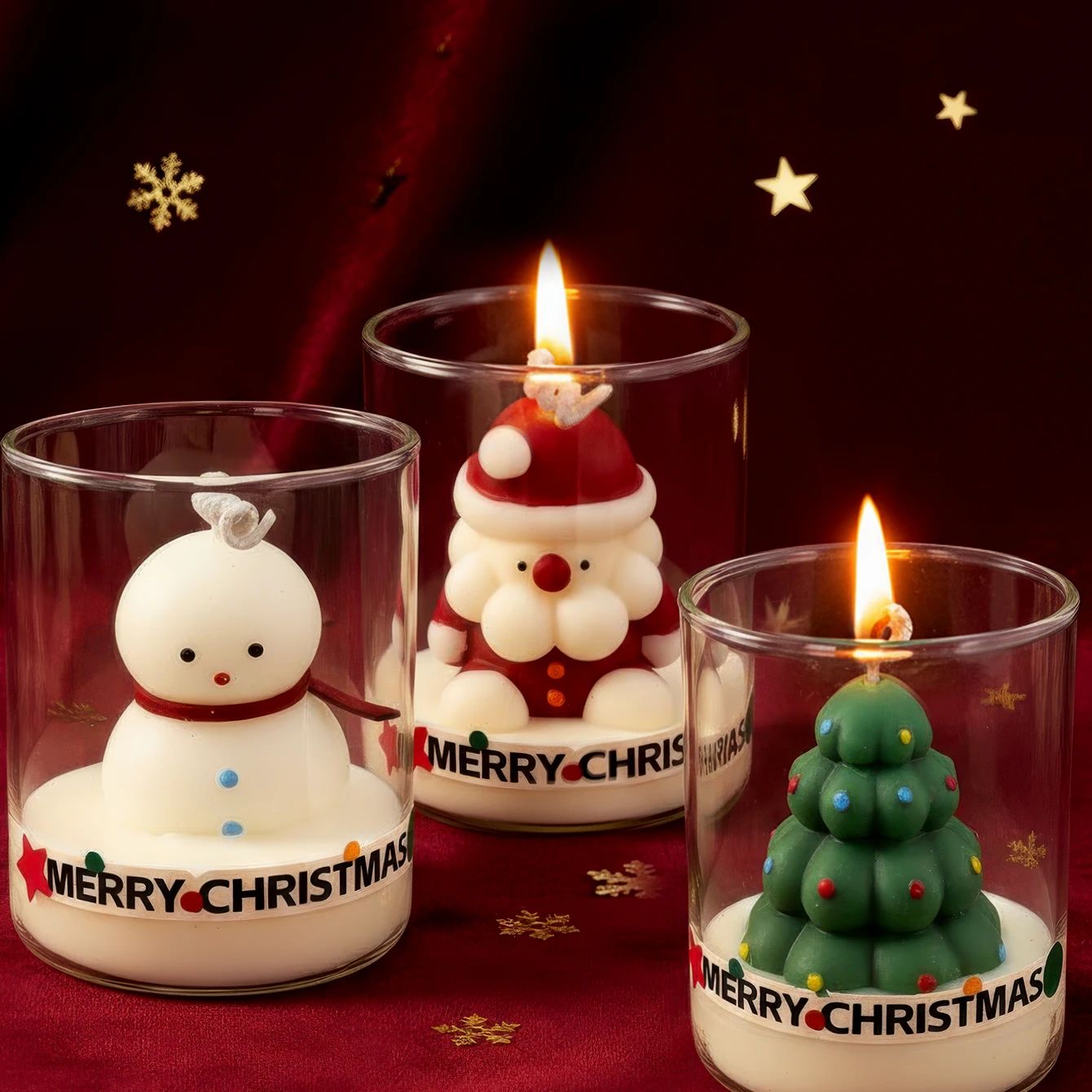 Christmas Scented Candle Glass Cup Soy Wax Santa Tree Snowma