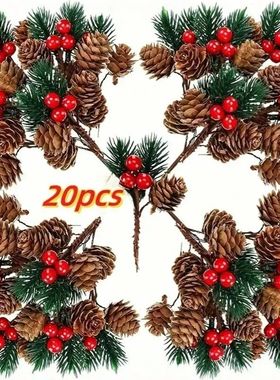 Artificial Red Berry Stem Pine Tree Branches with Pine Cones