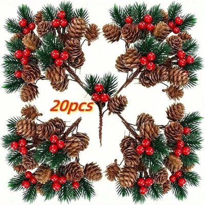 Artificial Red Berry Stem Pine Tree Branches with Pine Cones