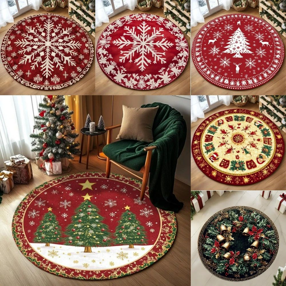 Festive Snowflake Christmas Tree Round Rug Holiday Decor Coz