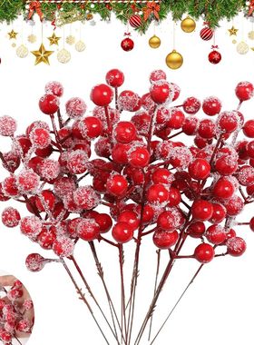 20PCS Artificial Fruit Snow Frosted Red Berry Stems Christma