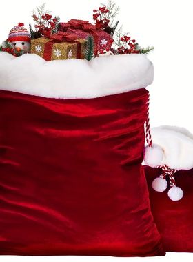 1pc Velvet Santa Claus Gift Bag with Drawstring, Red with Wh
