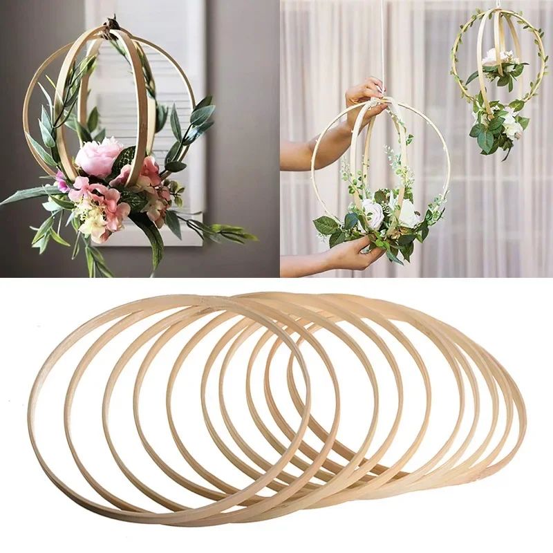 5Pcs Ring Round Wooden Ring Bamboo Hoop Frame DIY Wreath Dec