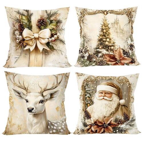 4pcs Vintage Christmas Santa Deer Tree Bow Throw Pillow Cove
