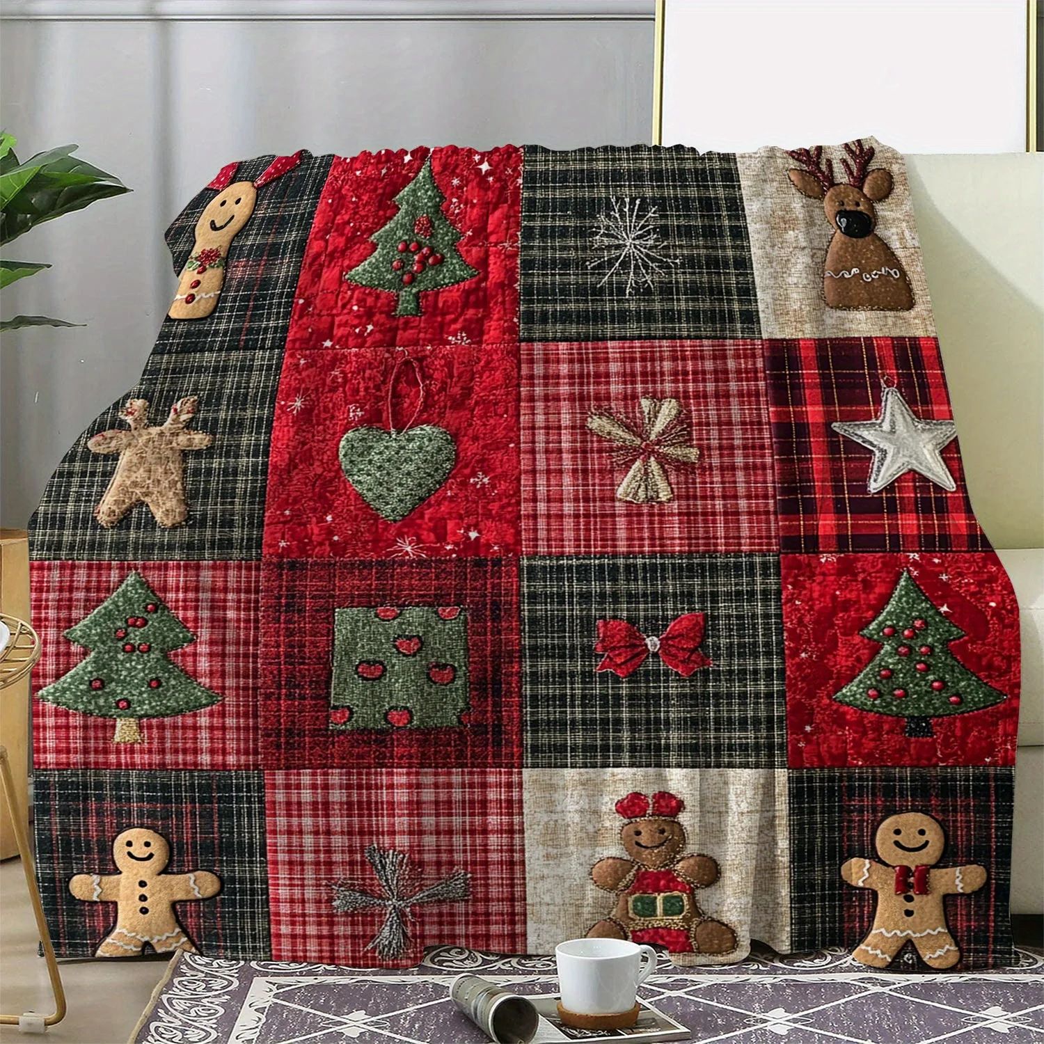 1pc Christmas Patchwork Blanket with Gingerbread Man & Tree,