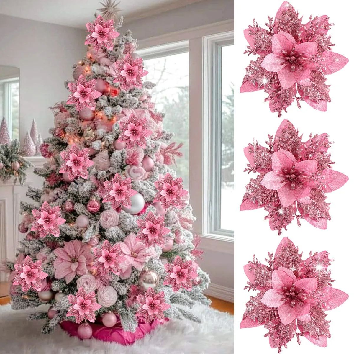 5/10Pcs Pink Christmas Glitter Artifical Flowers Christmas T
