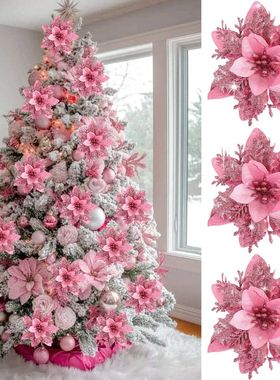 5/10Pcs Pink Christmas Glitter Artifical Flowers Christmas T