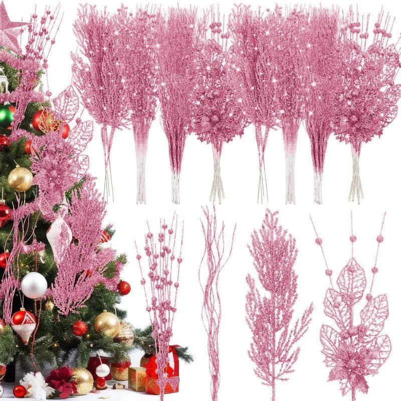12Pcs Pink Christmas Tree Decoration Artificial Glitter Stem
