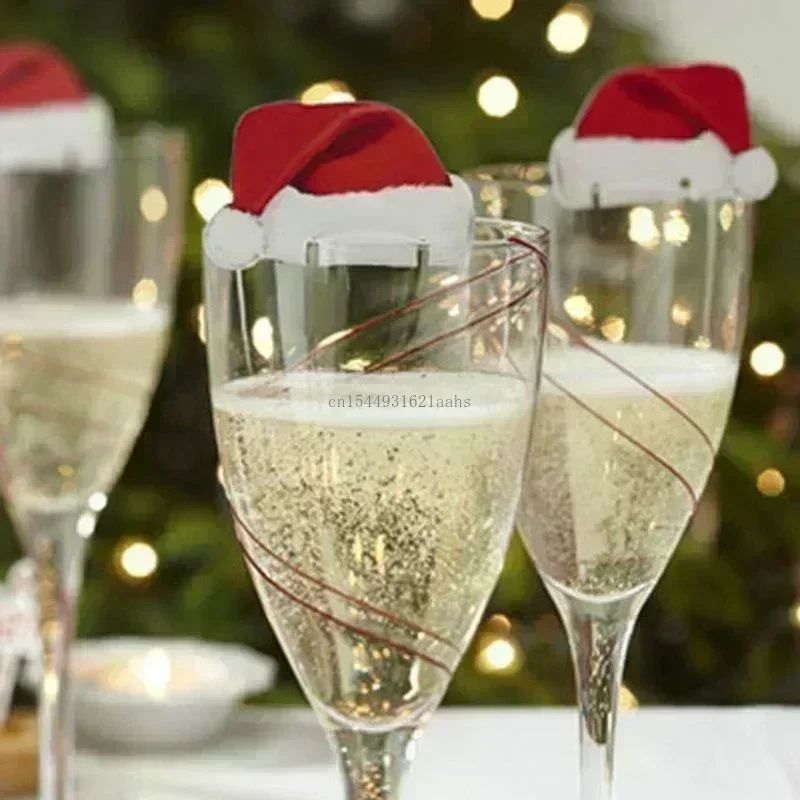 10/20/30PCS Christmas Cup Card Santa Hat Wine Glass Decor Or