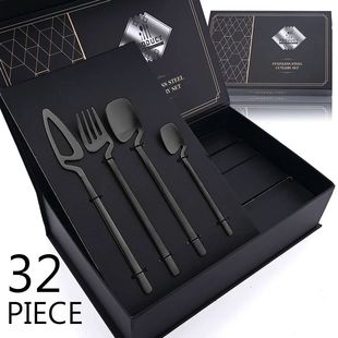 Cutlery Set 304 32pcs Steel Matte Stainless Dinnerware Black