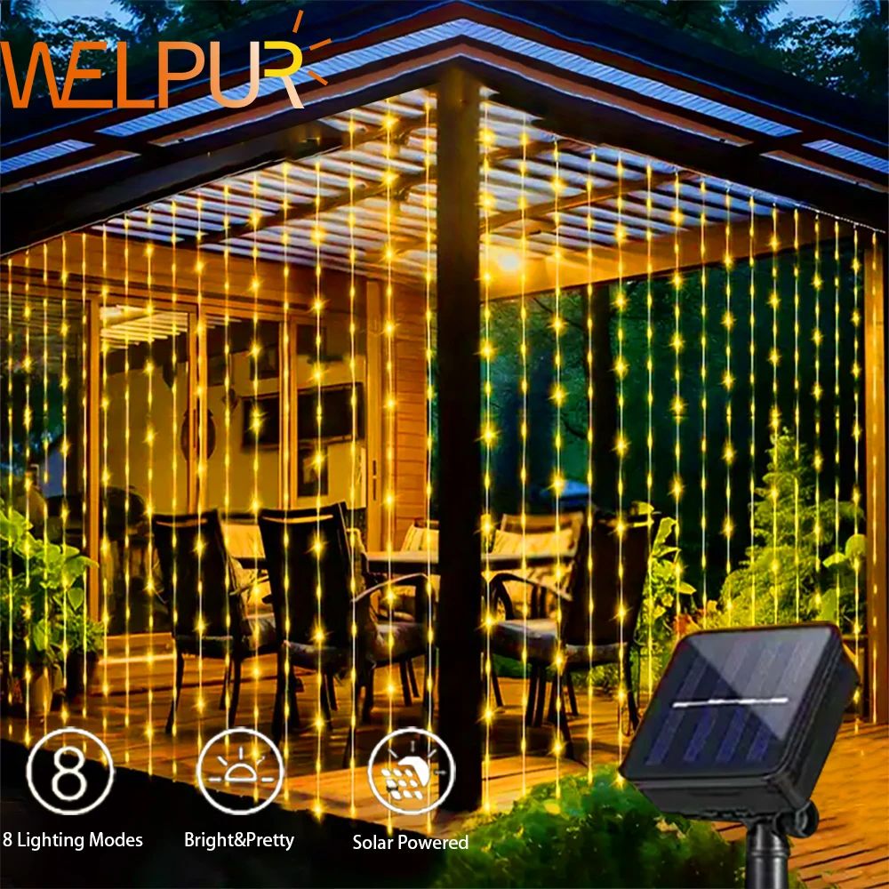 300Leds Solar Curtain String Light Outdoor Waterfall Garland