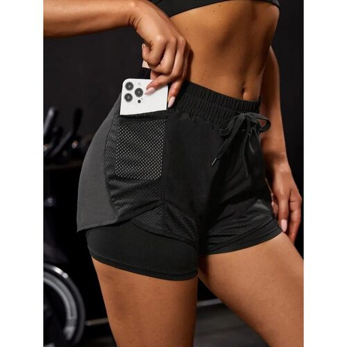 Women's Elastic Sports Shorts, Shorts With Pockets, Fake Two