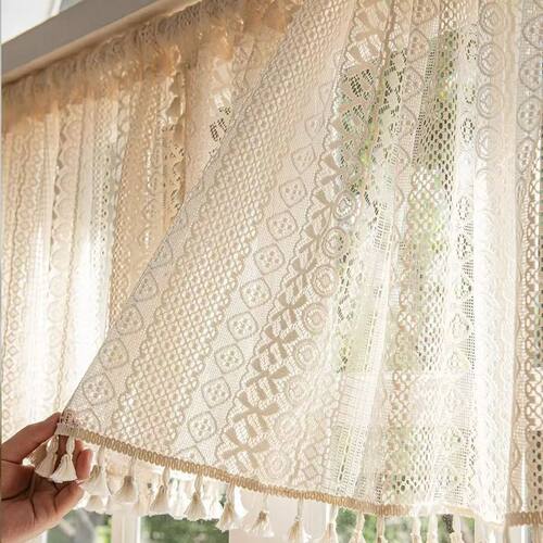 Beige Circular Patterned Hanging Tassel Short Curtain, Lace