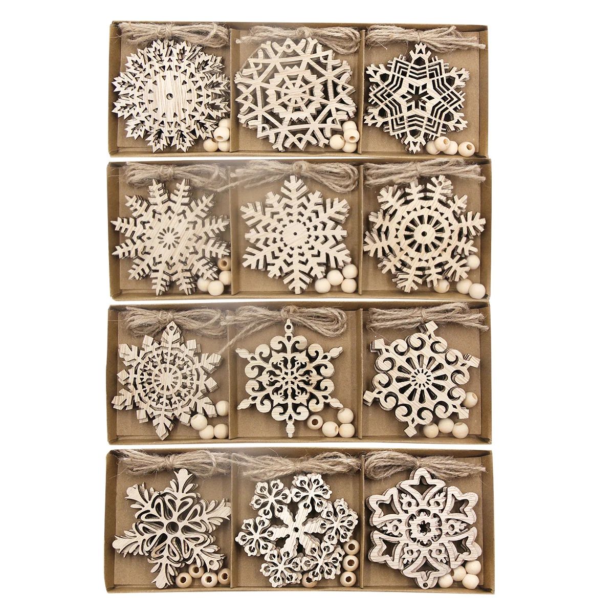 12PCS/Box Wooden Hollowed Snowflake Pendant Vintage Xmas Han