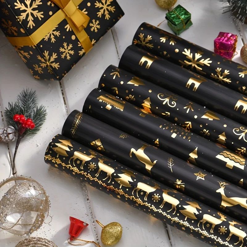6-Pack Black and Gold Foil Christmas Wrapping Paper – Reind