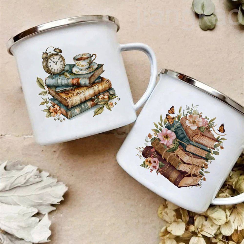 Flower Book Printed Enamel Mugs Drink Coffee Mug Outdoor Tra
