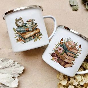 Enamel Mugs Outdoor Book Tra Mug Printed Coffee Flower Drink
