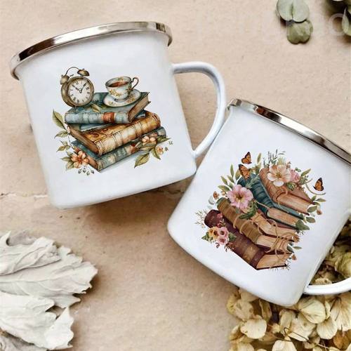 Flower Book Printed Enamel Mugs Drink Coffee Mug Outdoor Tra