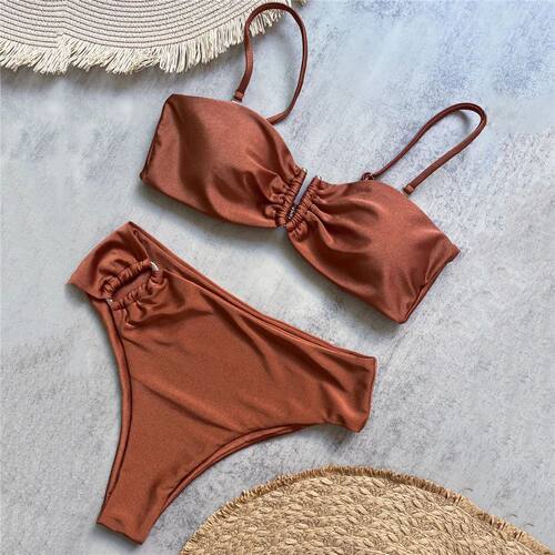 Brown Shiny U Shaped Bikini High Waist Sexy Swimsuit Women 2