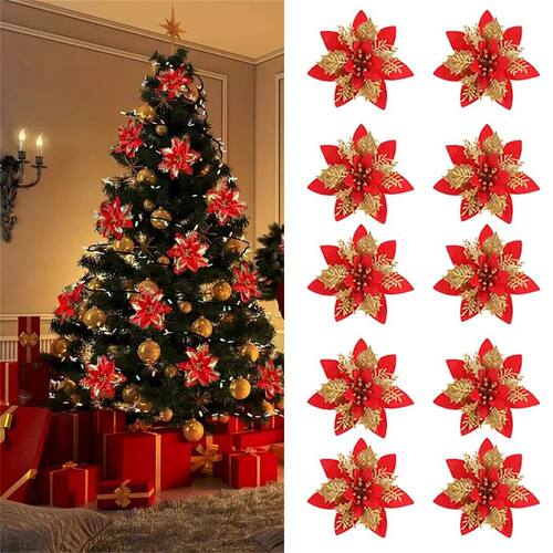 Glitter Artificial Flowers for Christmas Tree, Christmas Orn