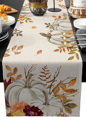 Fall Thanksgiving Linen Table Runner Autumn Pumpkin Retro Ma