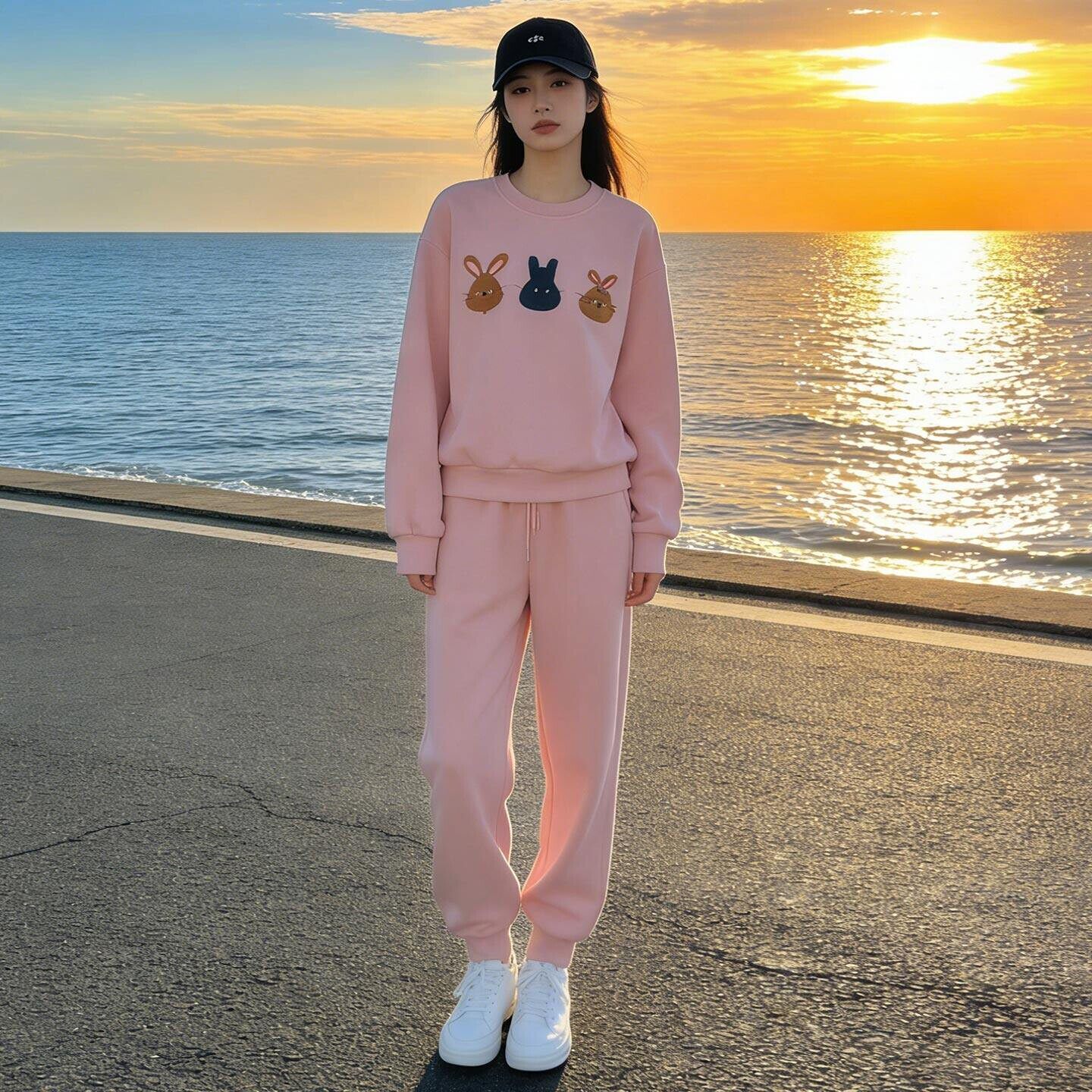 多巴胺粉色休闲运动套装女春季新款洋气卡通圆领卫衣束脚裤两件套